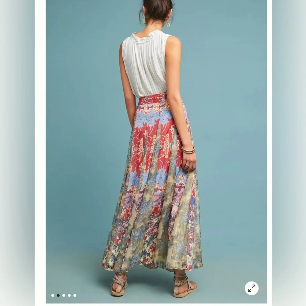 Anthropologie Hemant & Nandita Red Gold Blue Floral Louvre Maxi Skirt SZ L